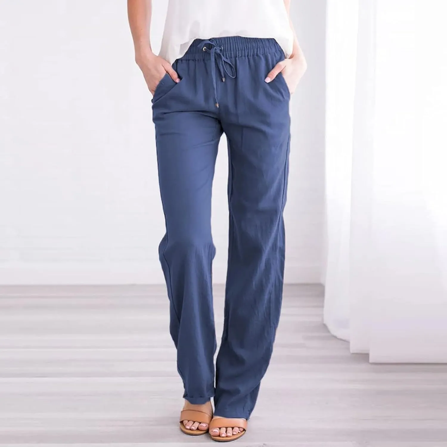 Womens Causal Summer Pants 2024 Elastic High Waist Drawstring Lounge Pant Straight Leg Beach Vacation Trousers