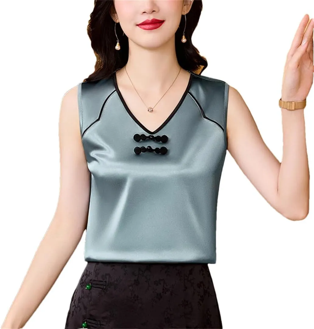 Women's Chinese Style Silk Satin Tank Tops Sleeveless Vest Shirt Patchwork Square Neck Camisole