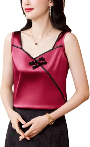 Women's Chinese Style Silk Satin Tank Tops Sleeveless Vest Shirt Patchwork Square Neck Camisole
