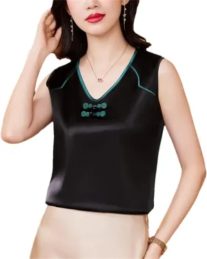Women's Chinese Style Silk Satin Tank Tops Sleeveless Vest Shirt Patchwork Square Neck Camisole