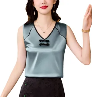 Women's Chinese Style Silk Satin Tank Tops Sleeveless Vest Shirt Patchwork Square Neck Camisole