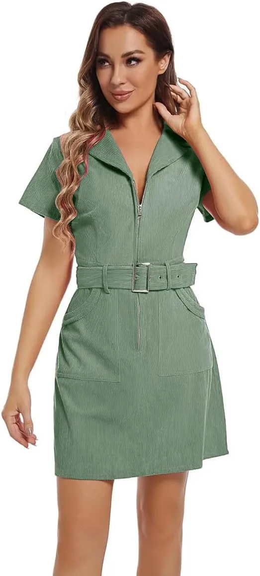 Women's Corduroy Mini Dress with Short Sleeve Lapel Zip Belt Cowgirl Dress with Pockets