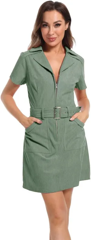 Women's Corduroy Mini Dress with Short Sleeve Lapel Zip Belt Cowgirl Dress with Pockets