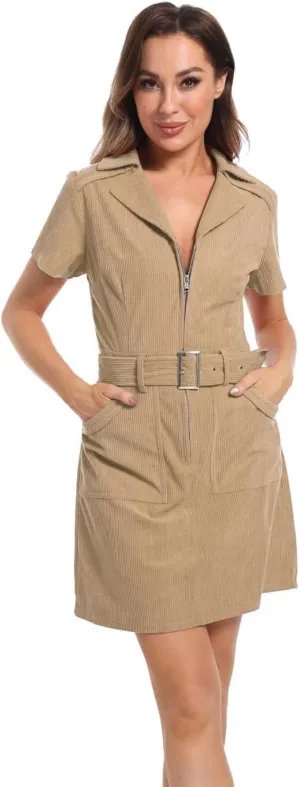 Women's Corduroy Mini Dress with Short Sleeve Lapel Zip Belt Cowgirl Dress with Pockets