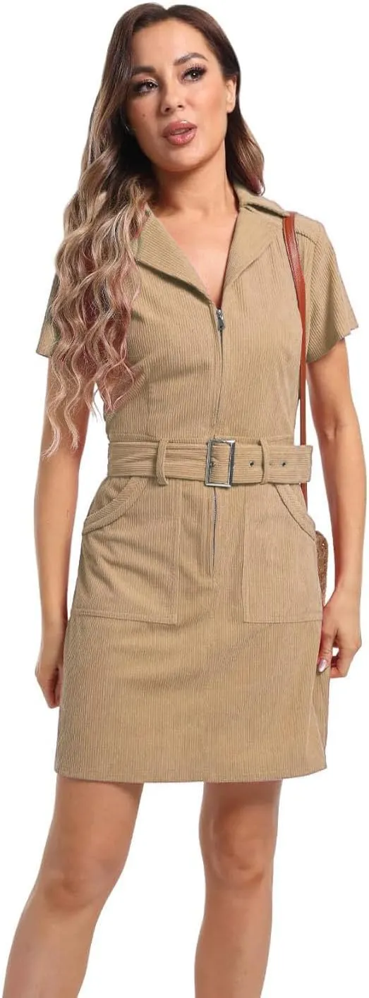 Women's Corduroy Mini Dress with Short Sleeve Lapel Zip Belt Cowgirl Dress with Pockets