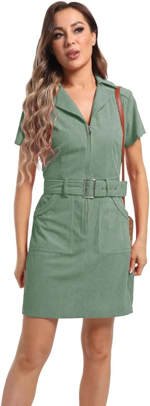 Women's Corduroy Mini Dress with Short Sleeve Lapel Zip Belt Cowgirl Dress with Pockets