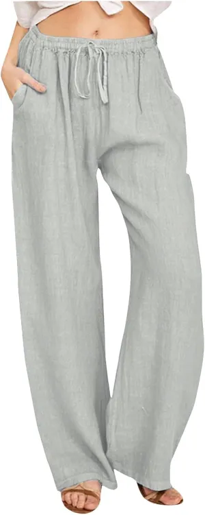 Women's Cotton Linen Pants,Summer Wide Leg Casual Loose Drawstring High Waist Palazzo Pants Trousers with Pockets