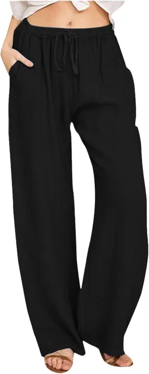 Women's Cotton Linen Pants,Summer Wide Leg Casual Loose Drawstring High Waist Palazzo Pants Trousers with Pockets
