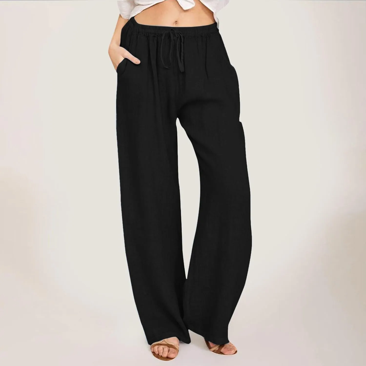 Women's Cotton Linen Pants,Summer Wide Leg Casual Loose Drawstring High Waist Palazzo Pants Trousers with Pockets