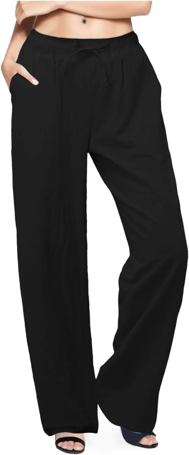Women's Cotton Linen Pants,Summer Wide Leg Casual Loose Drawstring High Waist Palazzo Pants Trousers with Pockets