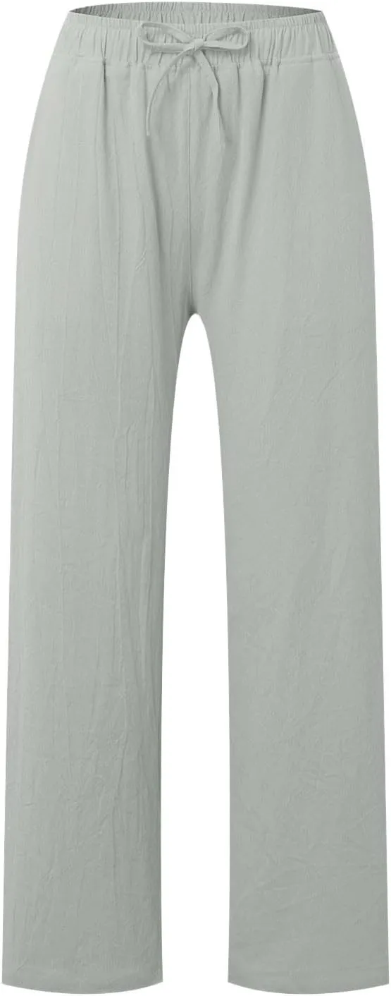 Women's Cotton Linen Pants,Summer Wide Leg Casual Loose Drawstring High Waist Palazzo Pants Trousers with Pockets