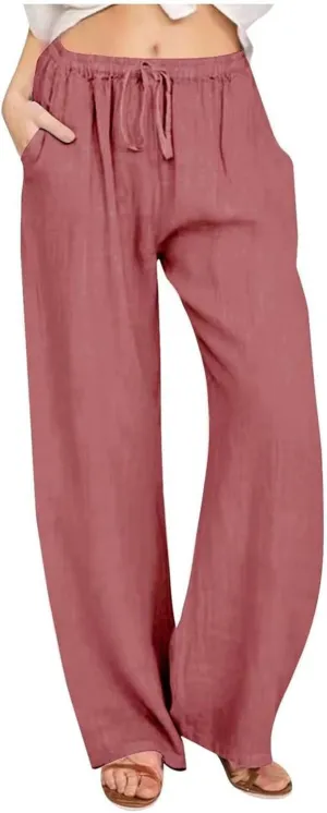 Women's Cotton Linen Pants,Summer Wide Leg Casual Loose Drawstring High Waist Palazzo Pants Trousers with Pockets