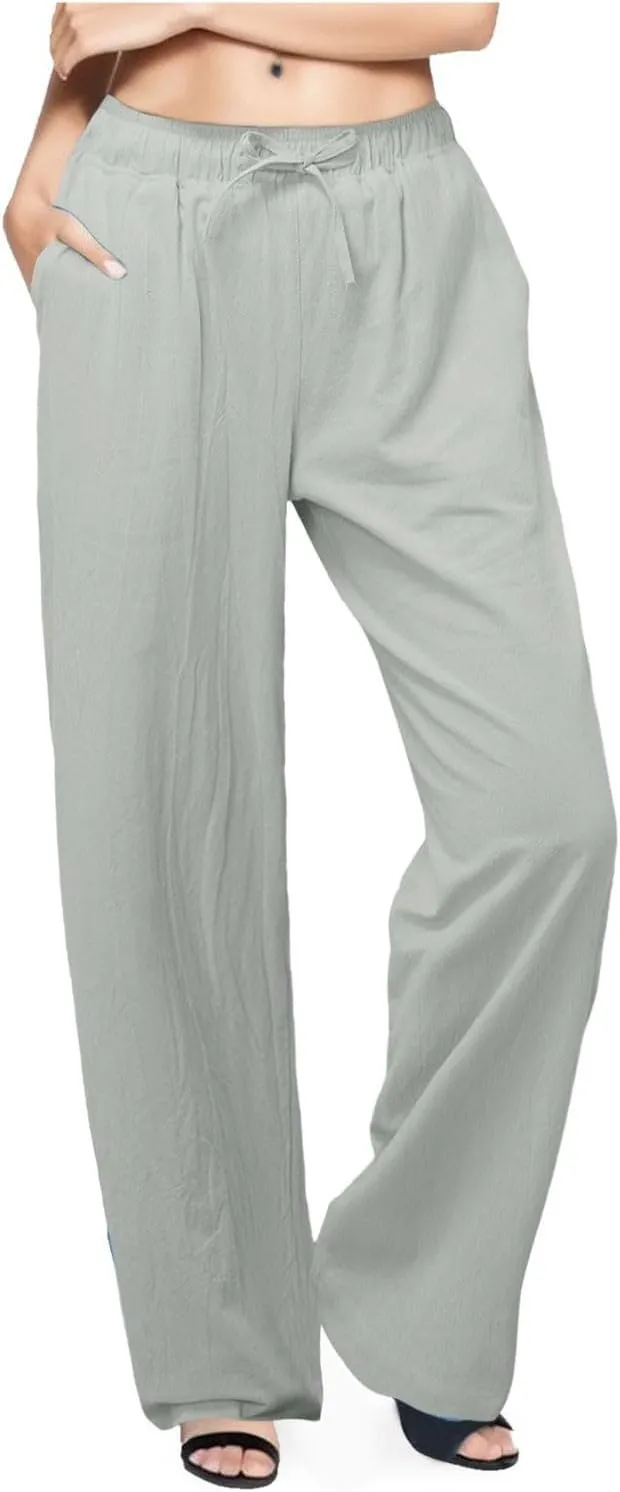 Women's Cotton Linen Pants,Summer Wide Leg Casual Loose Drawstring High Waist Palazzo Pants Trousers with Pockets