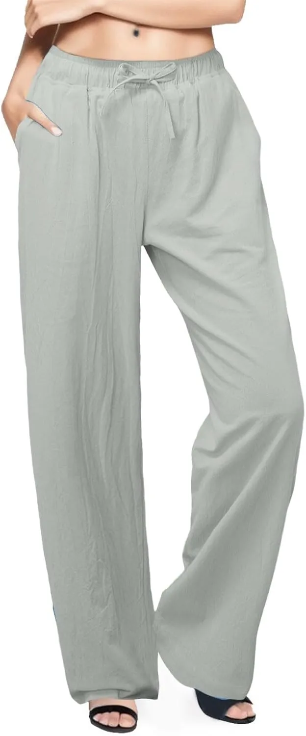 Women's Cotton Linen Pants,Summer Wide Leg Casual Loose Drawstring High Waist Palazzo Pants Trousers with Pockets