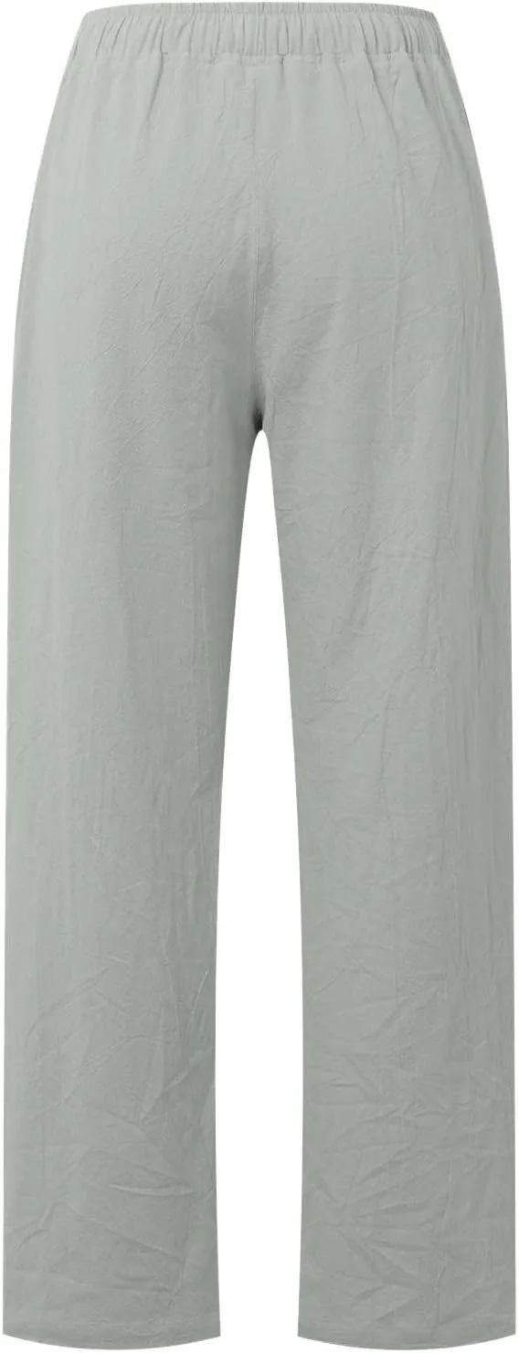Women's Cotton Linen Pants,Summer Wide Leg Casual Loose Drawstring High Waist Palazzo Pants Trousers with Pockets