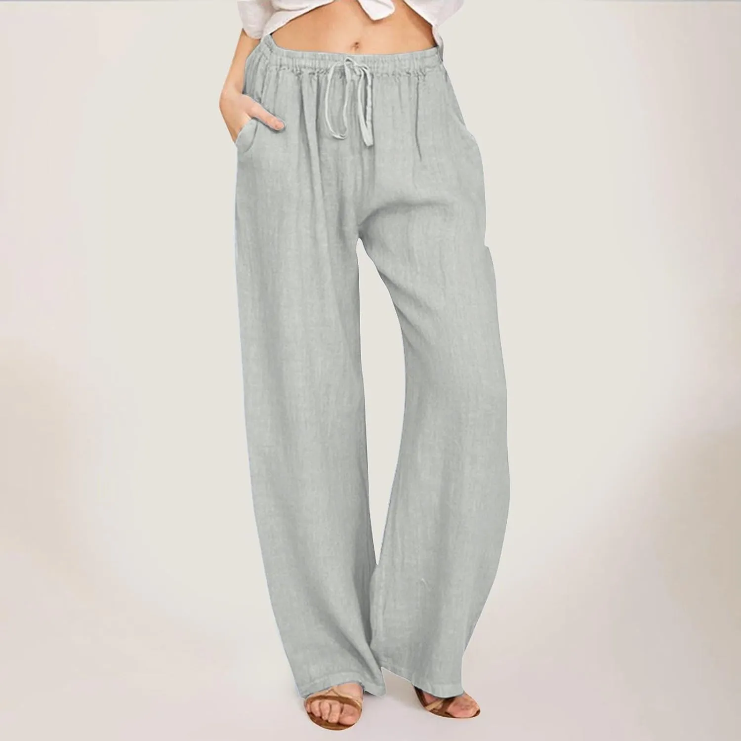 Women's Cotton Linen Pants,Summer Wide Leg Casual Loose Drawstring High Waist Palazzo Pants Trousers with Pockets