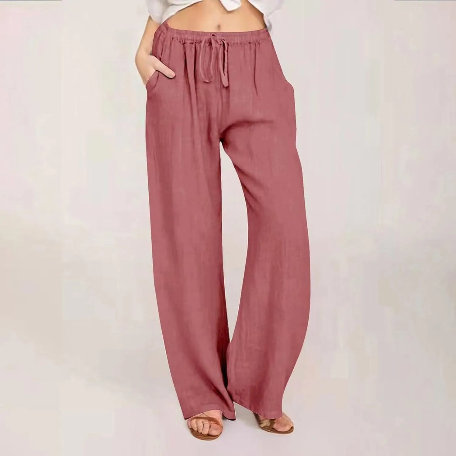 Women's Cotton Linen Pants,Summer Wide Leg Casual Loose Drawstring High Waist Palazzo Pants Trousers with Pockets