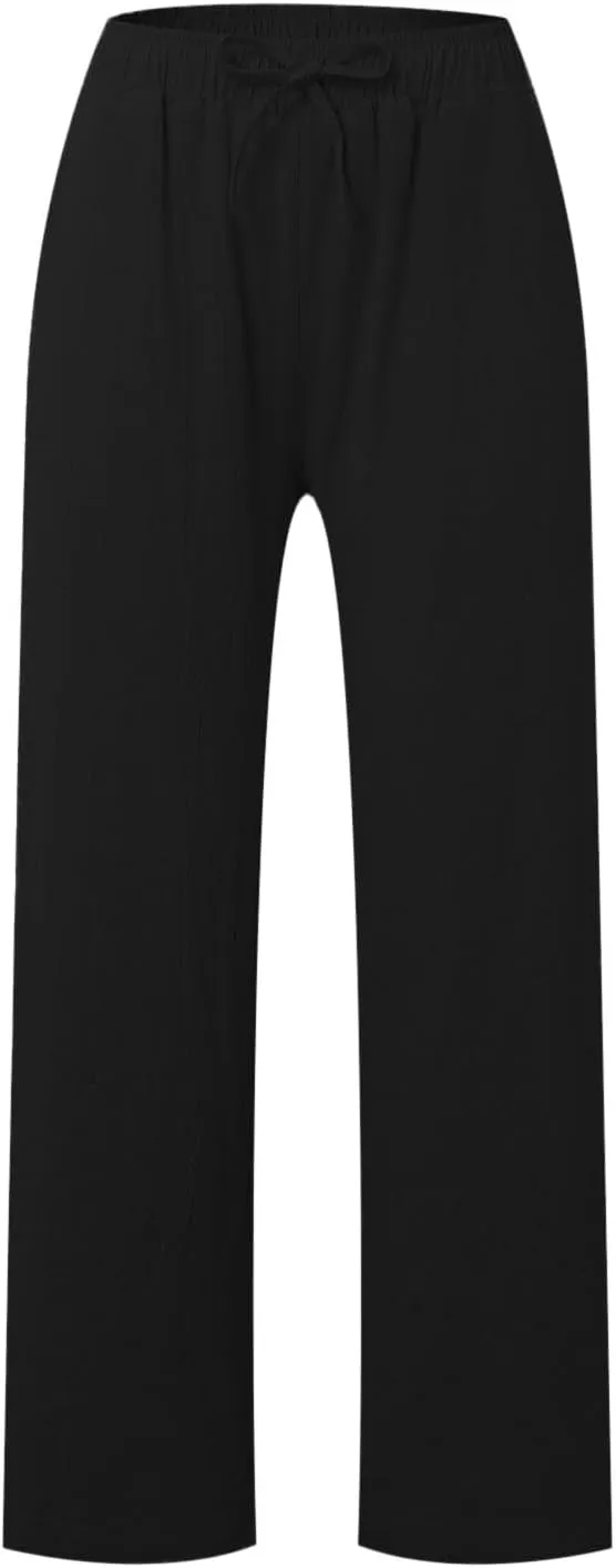 Women's Cotton Linen Pants,Summer Wide Leg Casual Loose Drawstring High Waist Palazzo Pants Trousers with Pockets