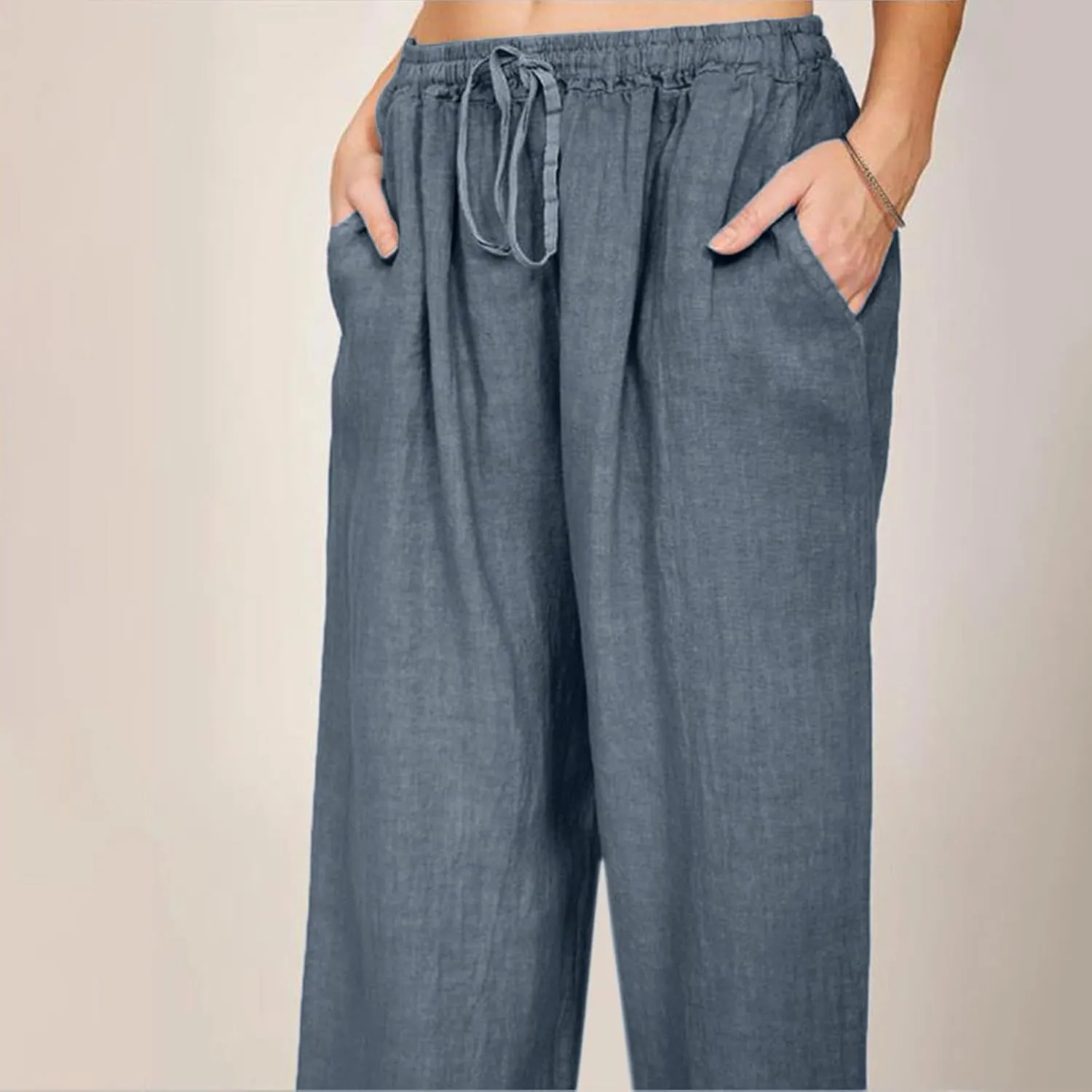 Women's Cotton Linen Summer Palazzo Pants Flowy Wide Leg Beach Trousers Wide Leg Dress Pants with Pockets