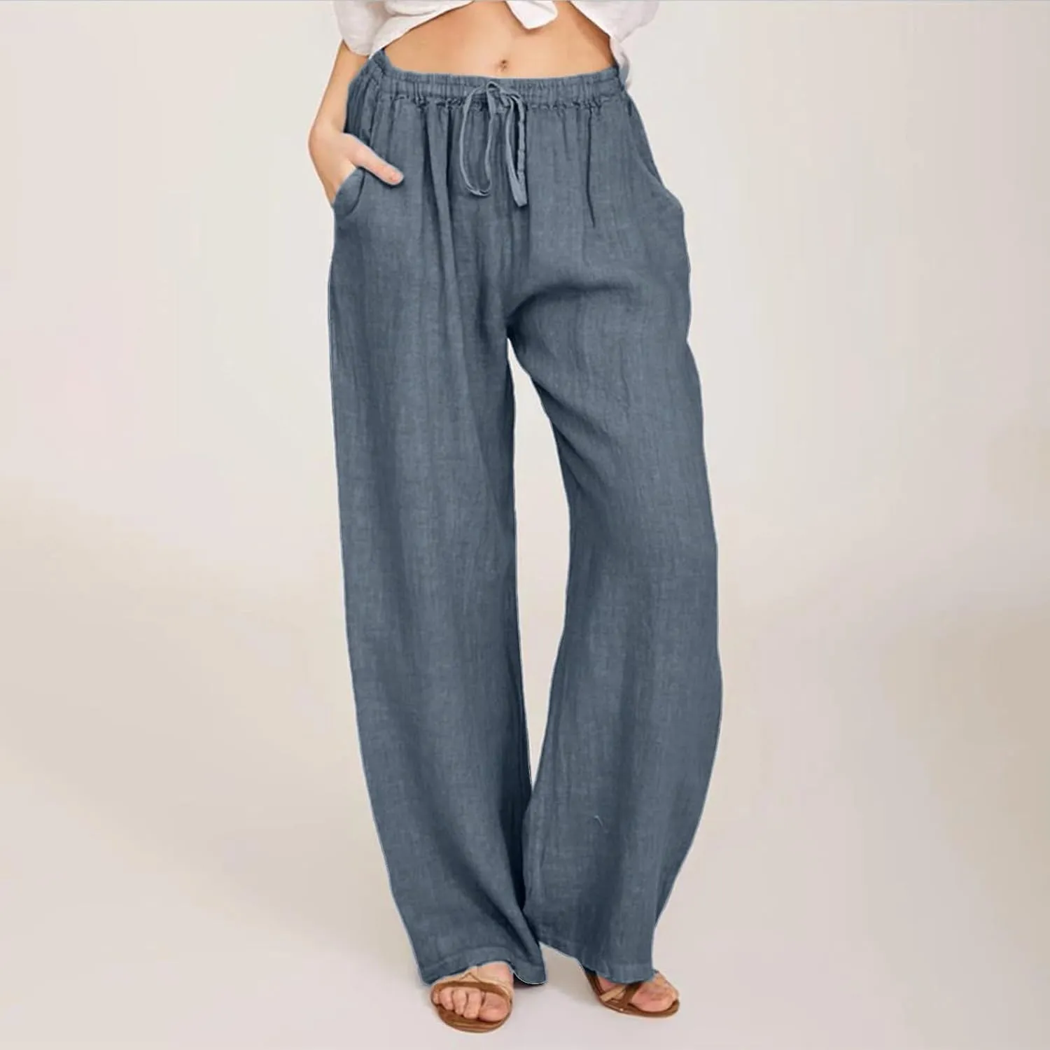 Women's Cotton Linen Summer Palazzo Pants Flowy Wide Leg Beach Trousers Wide Leg Dress Pants with Pockets