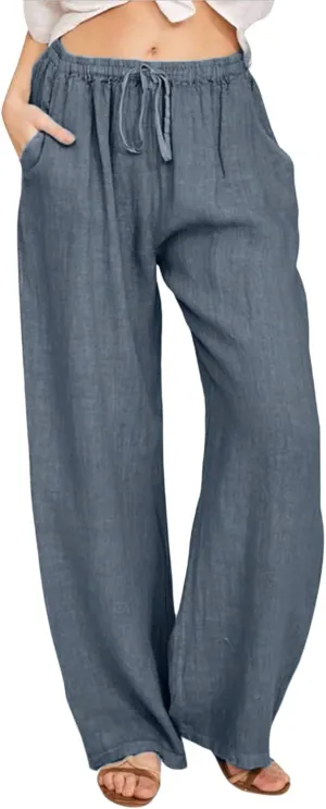 Women's Cotton Linen Summer Palazzo Pants Flowy Wide Leg Beach Trousers Wide Leg Dress Pants with Pockets