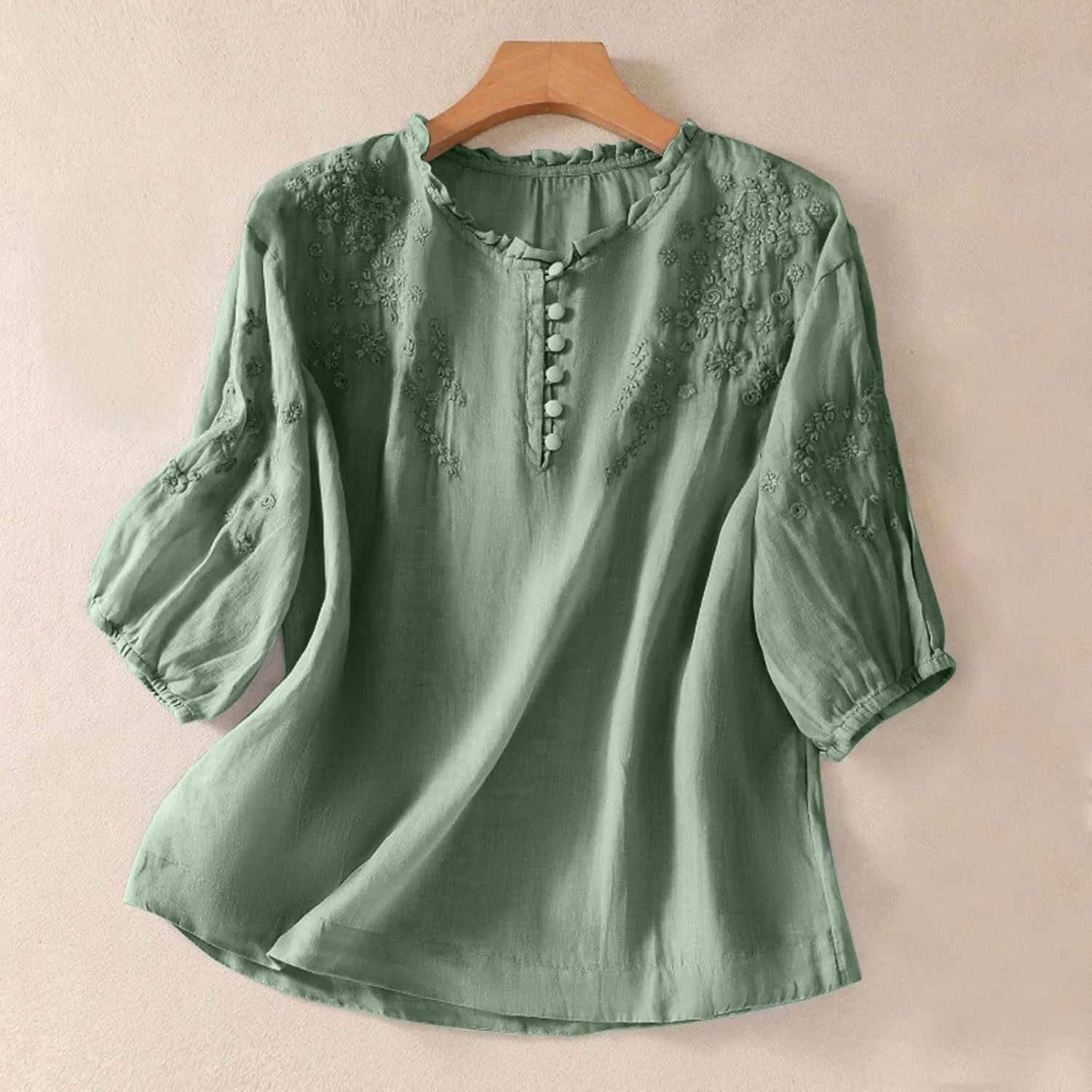 Womens Cotton Linen Tops Floral Embroidery Short Sleeve Button Down Boho Shirts Vintage Casual Summer Vacation Blouse