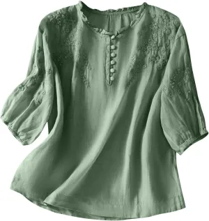 Womens Cotton Linen Tops Floral Embroidery Short Sleeve Button Down Boho Shirts Vintage Casual Summer Vacation Blouse