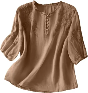 Womens Cotton Linen Tops Floral Embroidery Short Sleeve Button Down Boho Shirts Vintage Casual Summer Vacation Blouse