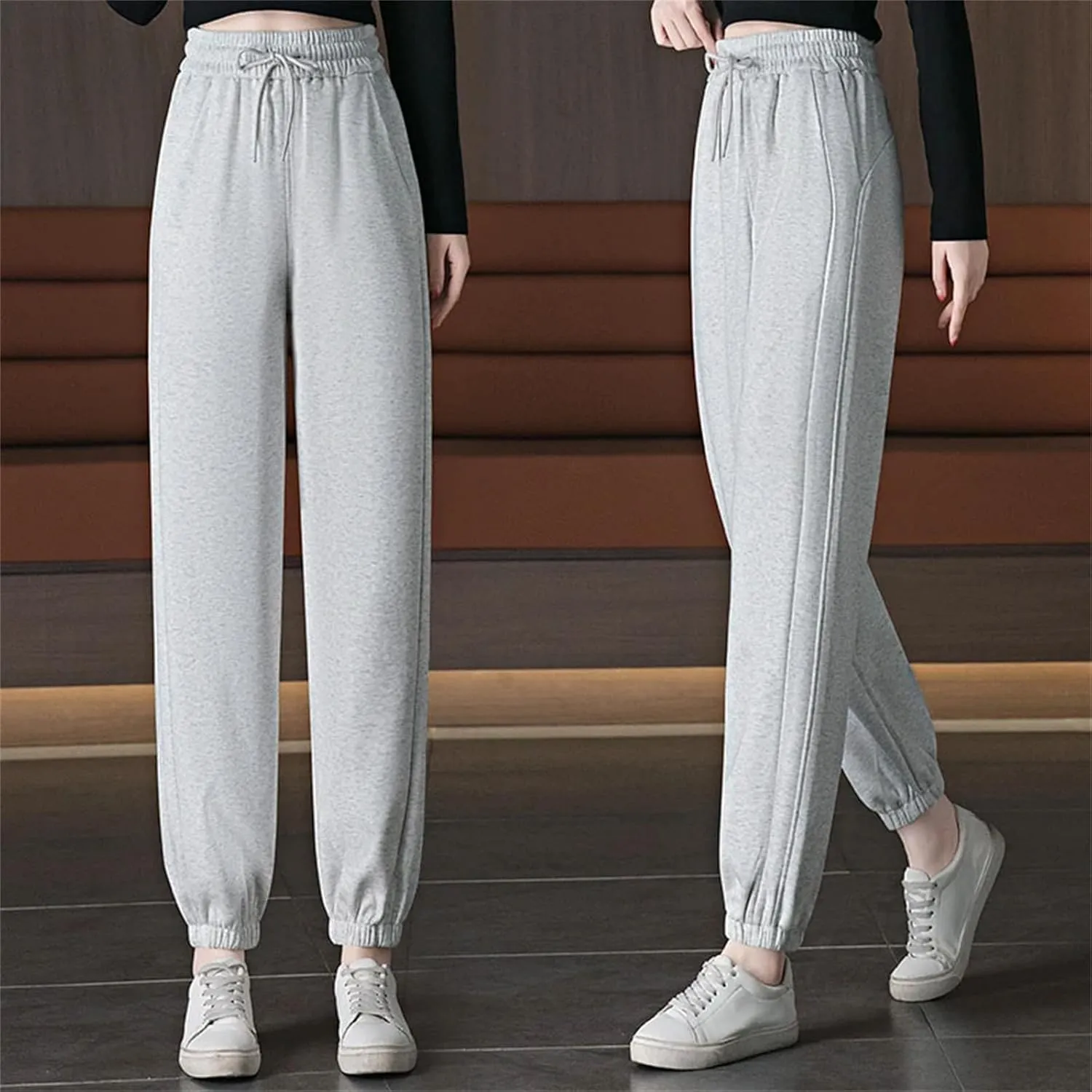 Women's Elastic Lace-Up High Waist Sports Pants Loose Fit Casual Harem Nine-Point Pants
