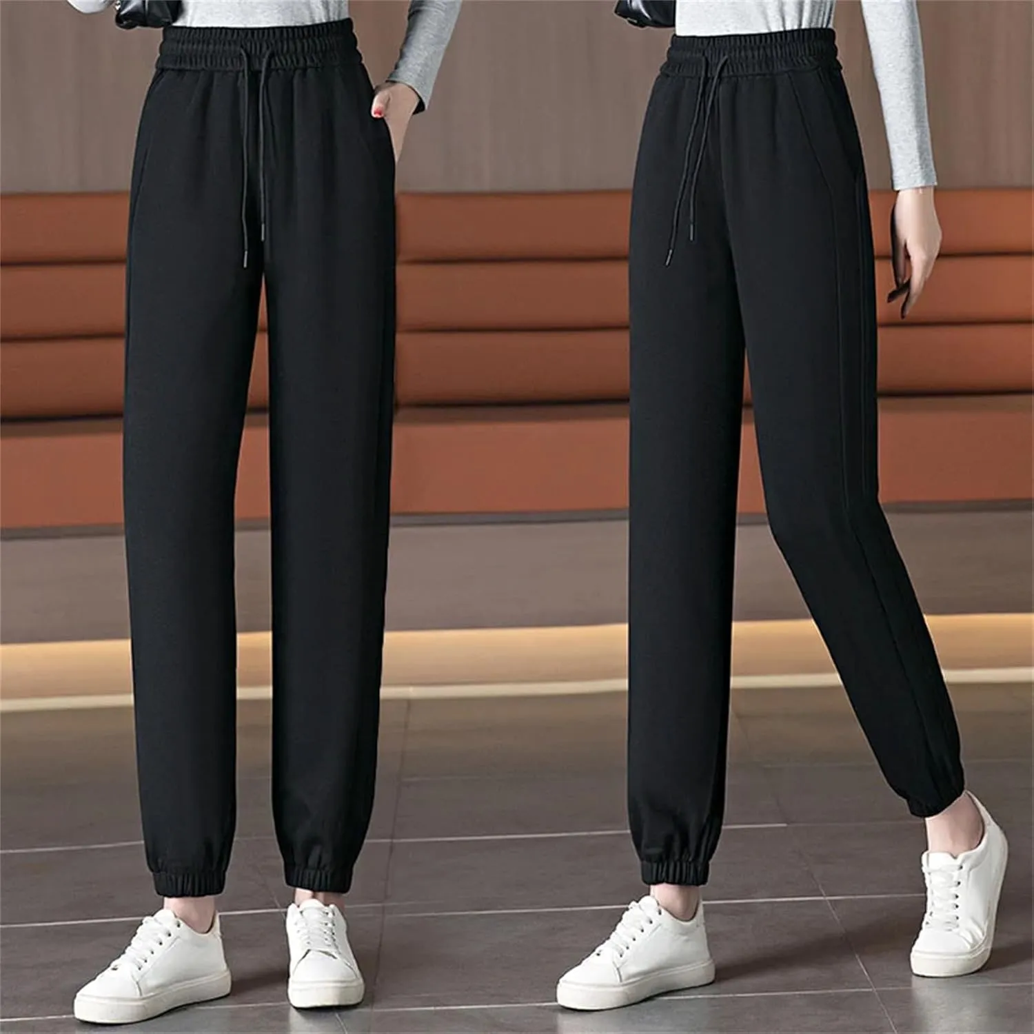 Women's Elastic Lace-Up High Waist Sports Pants Loose Fit Casual Harem Nine-Point Pants