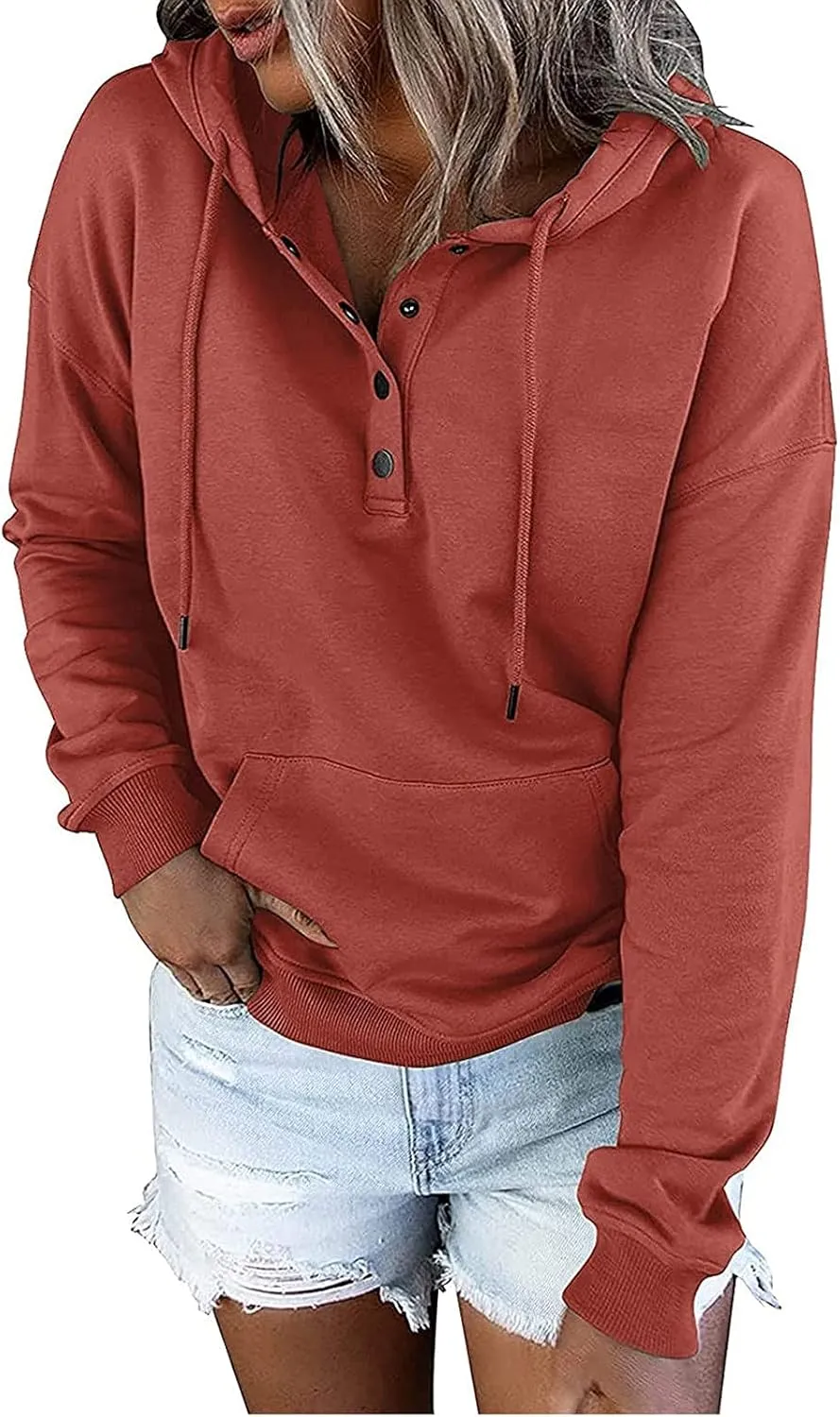 Women's Fashion Casual Hoodies Color Block Long Sleeve Drawstring Button Down Pullover Fall Sweatshirt Tops With Pocket