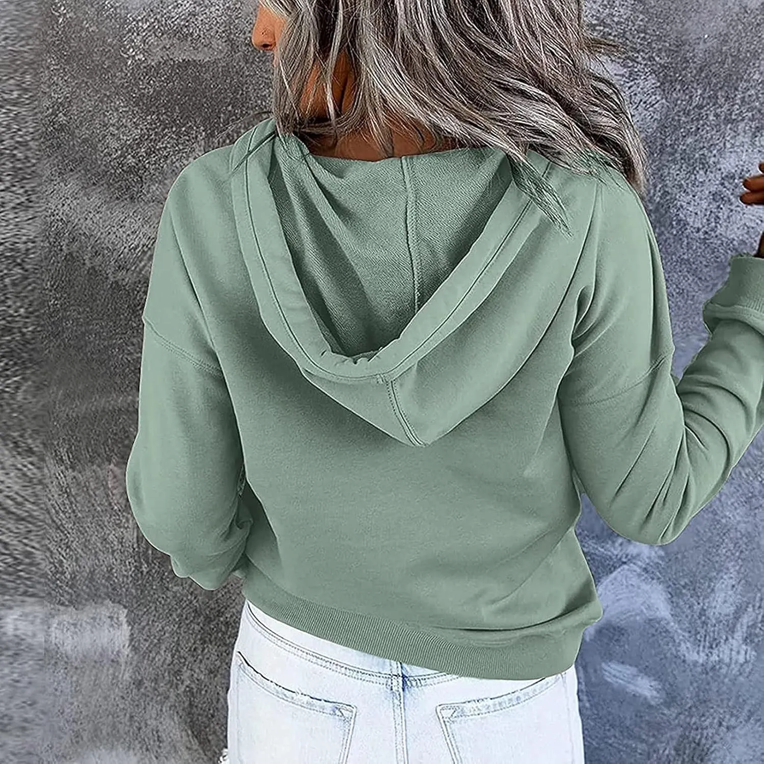 Women's Fashion Casual Hoodies Color Block Long Sleeve Drawstring Button Down Pullover Fall Sweatshirt Tops With Pocket