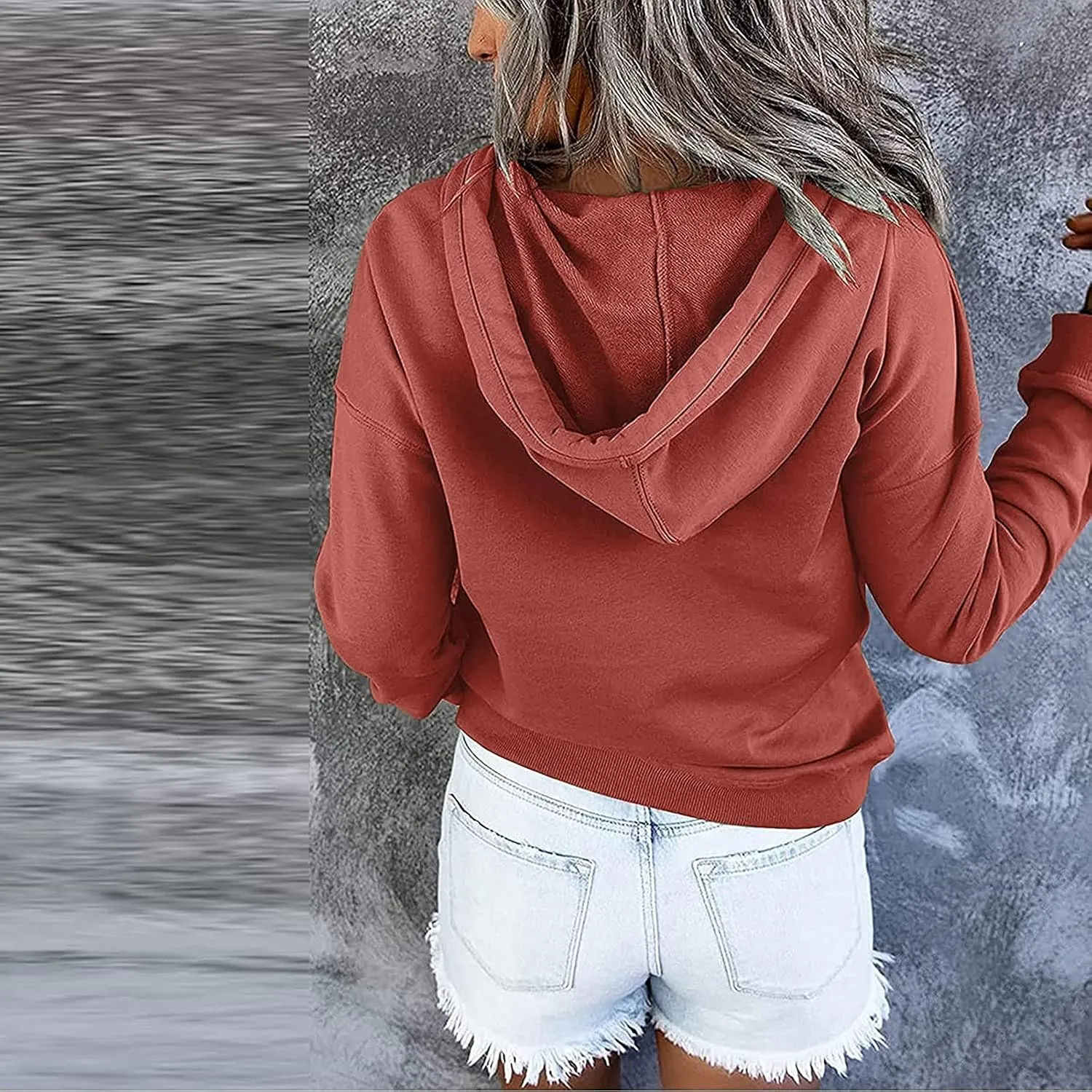 Women's Fashion Casual Hoodies Color Block Long Sleeve Drawstring Button Down Pullover Fall Sweatshirt Tops With Pocket