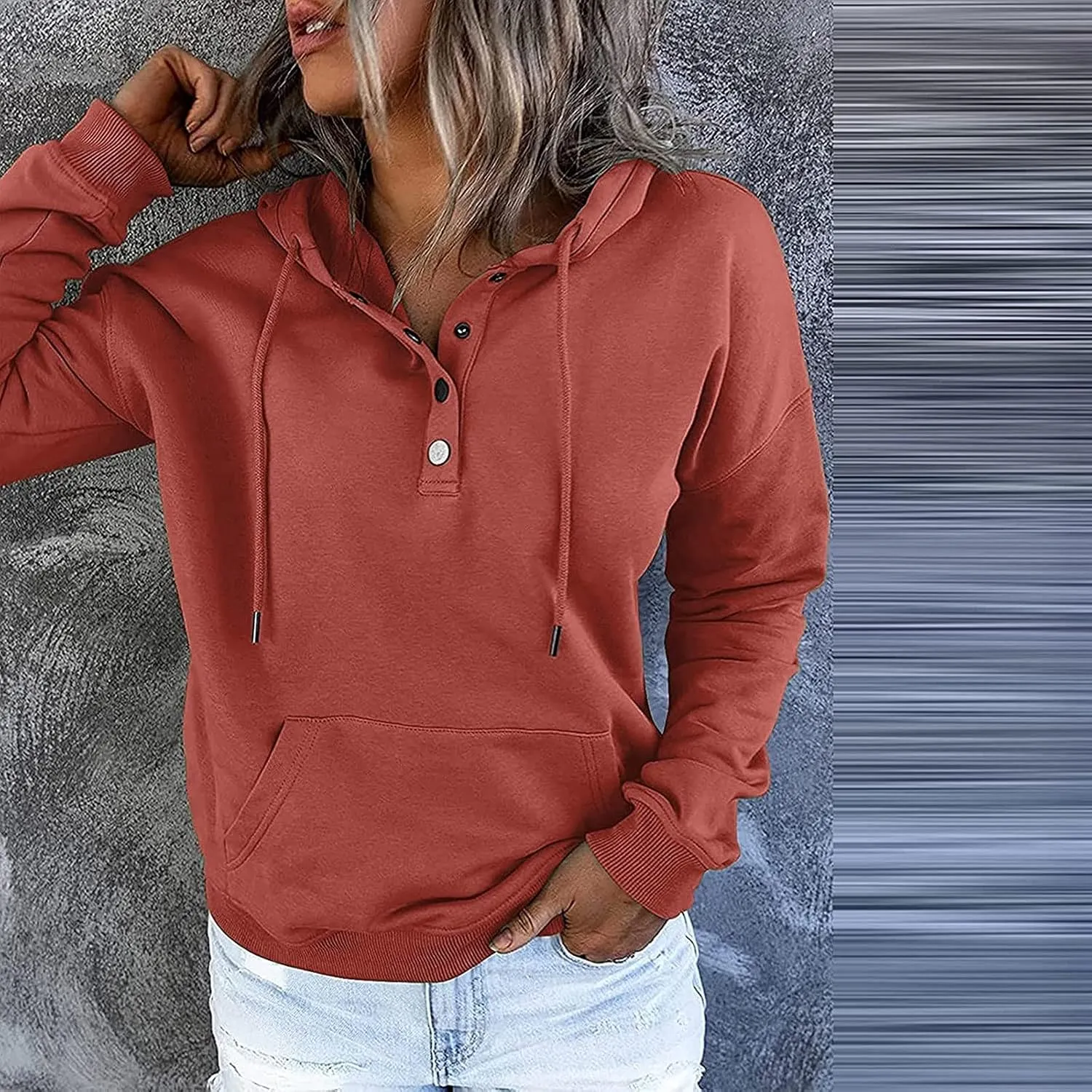 Women's Fashion Casual Hoodies Color Block Long Sleeve Drawstring Button Down Pullover Fall Sweatshirt Tops With Pocket