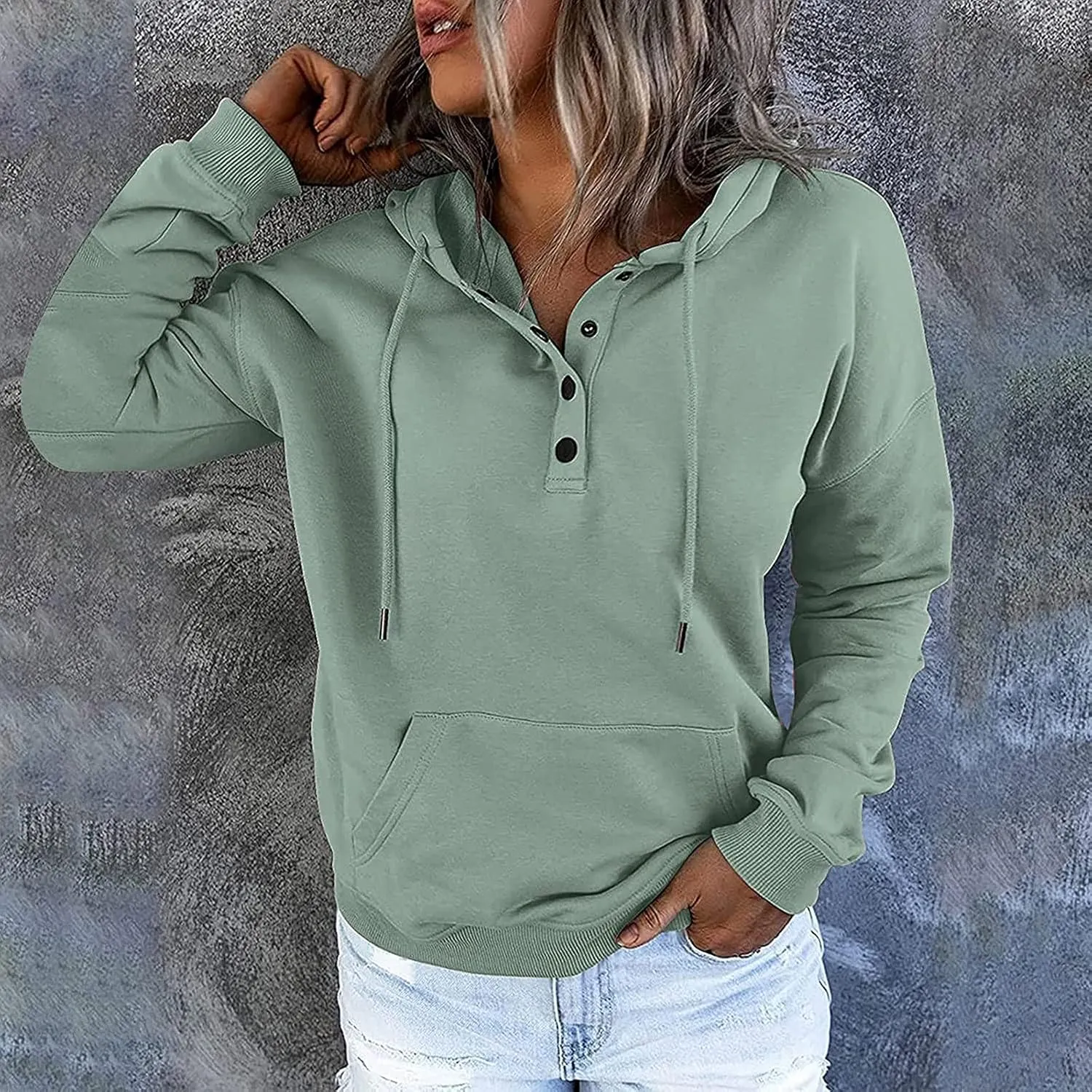 Women's Fashion Casual Hoodies Color Block Long Sleeve Drawstring Button Down Pullover Fall Sweatshirt Tops With Pocket