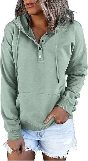 Women's Fashion Casual Hoodies Color Block Long Sleeve Drawstring Button Down Pullover Fall Sweatshirt Tops With Pocket