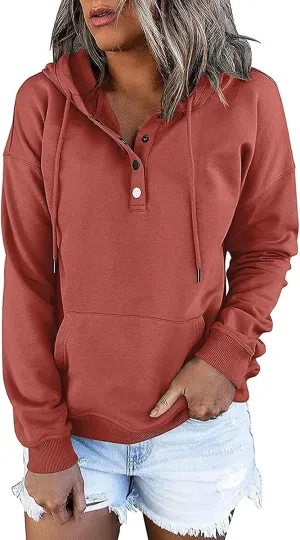 Women's Fashion Casual Hoodies Color Block Long Sleeve Drawstring Button Down Pullover Fall Sweatshirt Tops With Pocket