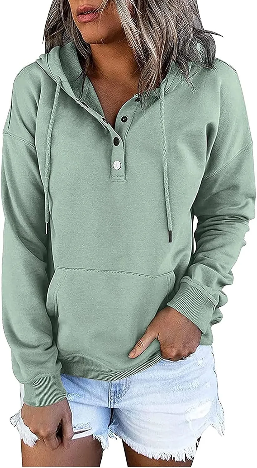 Women's Fashion Casual Hoodies Color Block Long Sleeve Drawstring Button Down Pullover Fall Sweatshirt Tops With Pocket