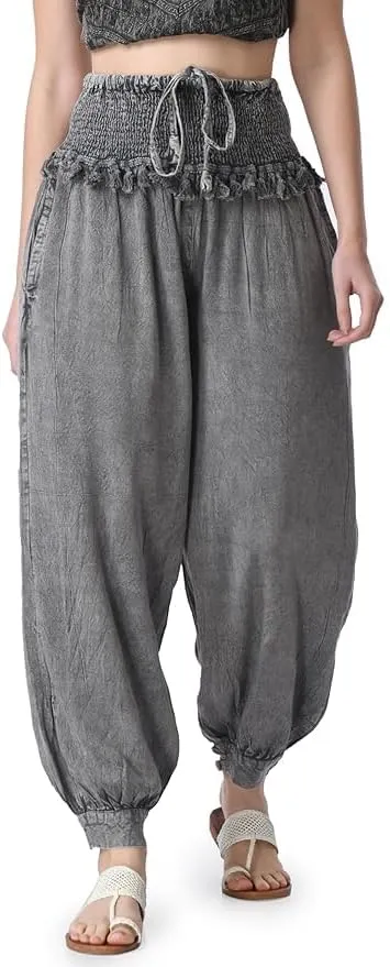 Women's Harem Pants, Smocked Waist, Loose Fit Joggers with Drawstring Free Size