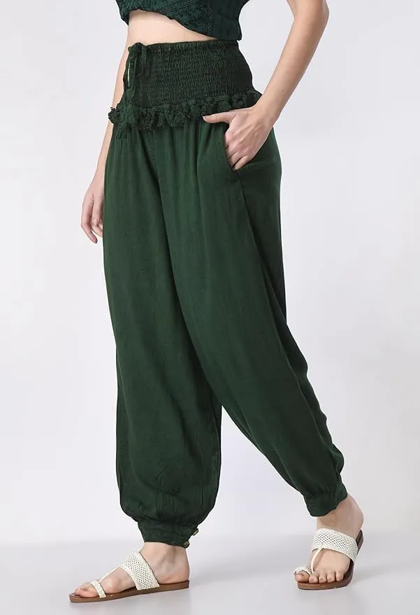 Women's Harem Pants, Smocked Waist, Loose Fit Joggers with Drawstring Free Size