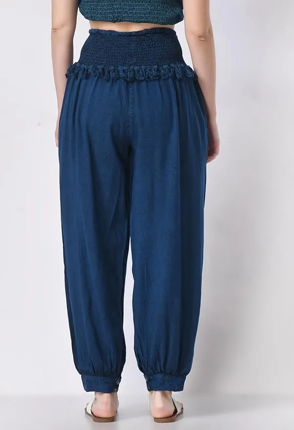 Women's Harem Pants, Smocked Waist, Loose Fit Joggers with Drawstring Free Size