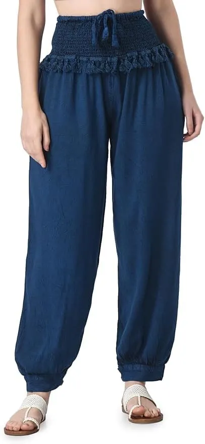 Women's Harem Pants, Smocked Waist, Loose Fit Joggers with Drawstring Free Size