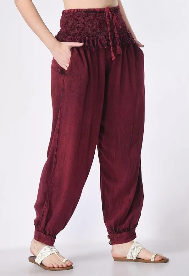 Women's Harem Pants, Smocked Waist, Loose Fit Joggers with Drawstring Free Size