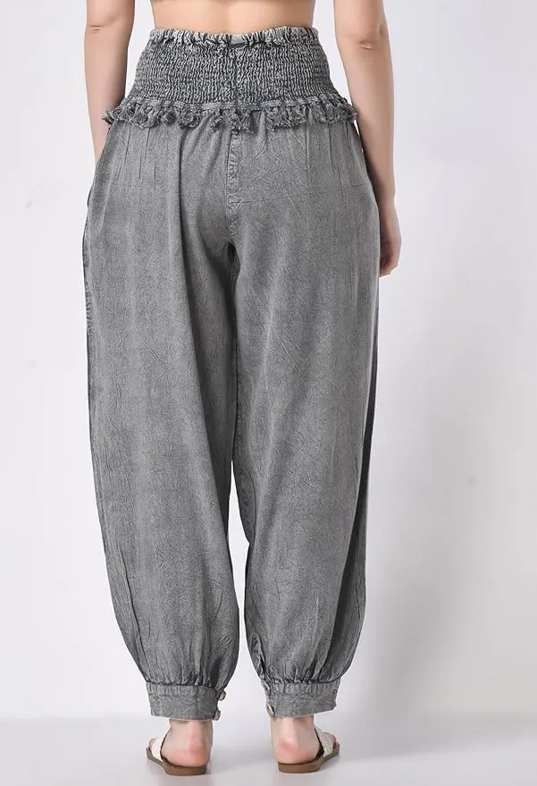 Women's Harem Pants, Smocked Waist, Loose Fit Joggers with Drawstring Free Size