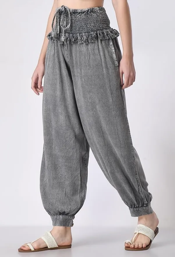 Women's Harem Pants, Smocked Waist, Loose Fit Joggers with Drawstring Free Size