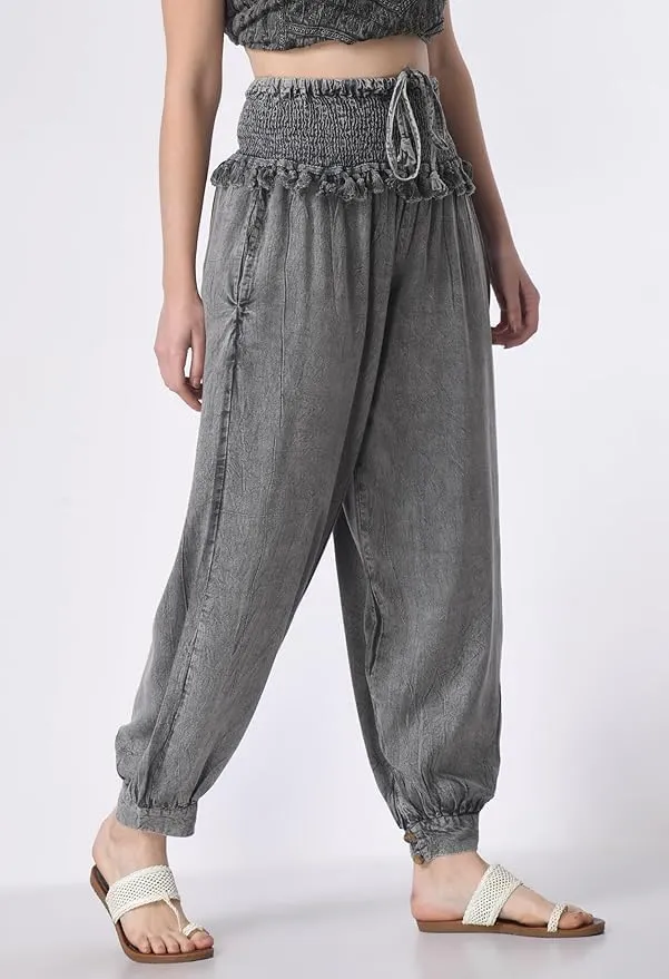 Women's Harem Pants, Smocked Waist, Loose Fit Joggers with Drawstring Free Size