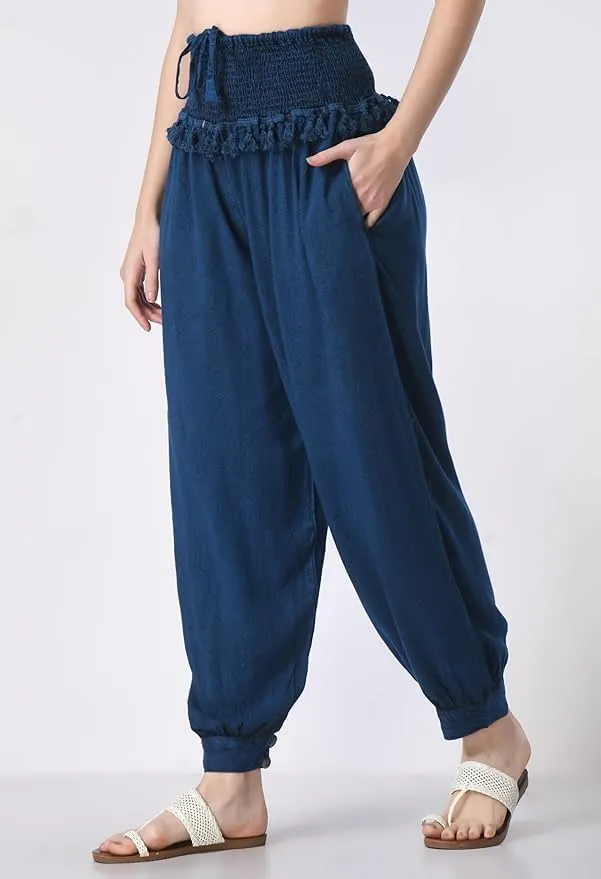 Women's Harem Pants, Smocked Waist, Loose Fit Joggers with Drawstring Free Size