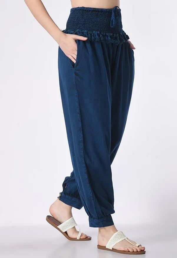 Women's Harem Pants, Smocked Waist, Loose Fit Joggers with Drawstring Free Size