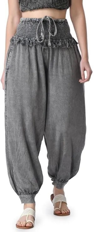 Women's Harem Pants, Smocked Waist, Loose Fit Joggers with Drawstring Free Size