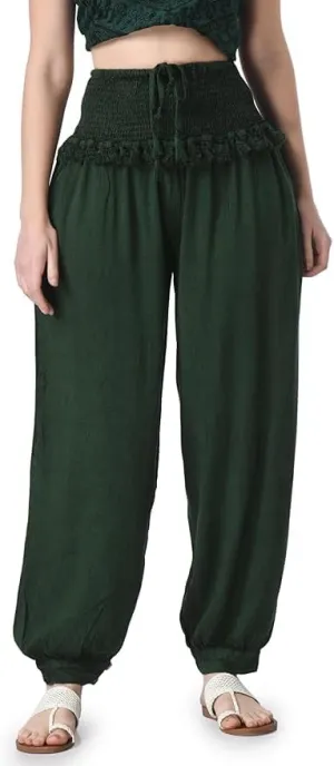 Women's Harem Pants, Smocked Waist, Loose Fit Joggers with Drawstring Free Size